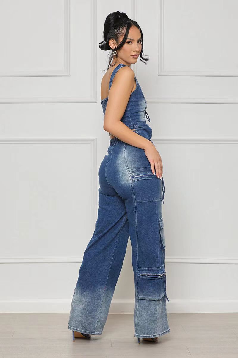 Women Casual Retro Vest and Multi-Pocket Wide Leg Pants Two-piece Set 14