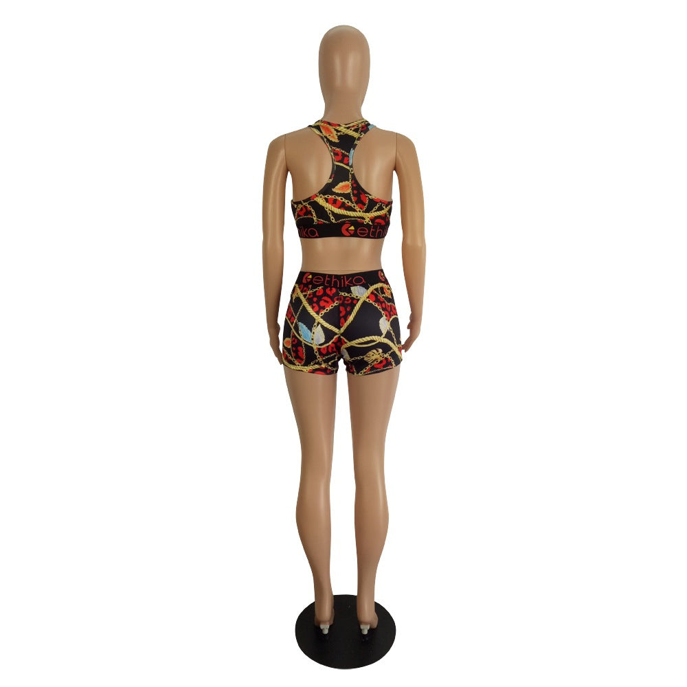 Women's Spring/Summer Slim Style Printed Sports Two-Piece Shorts Set 28