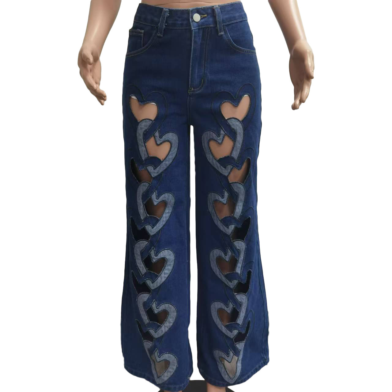 Women Stretchy Hollow Embroidery Heart Print Denim Pants 6