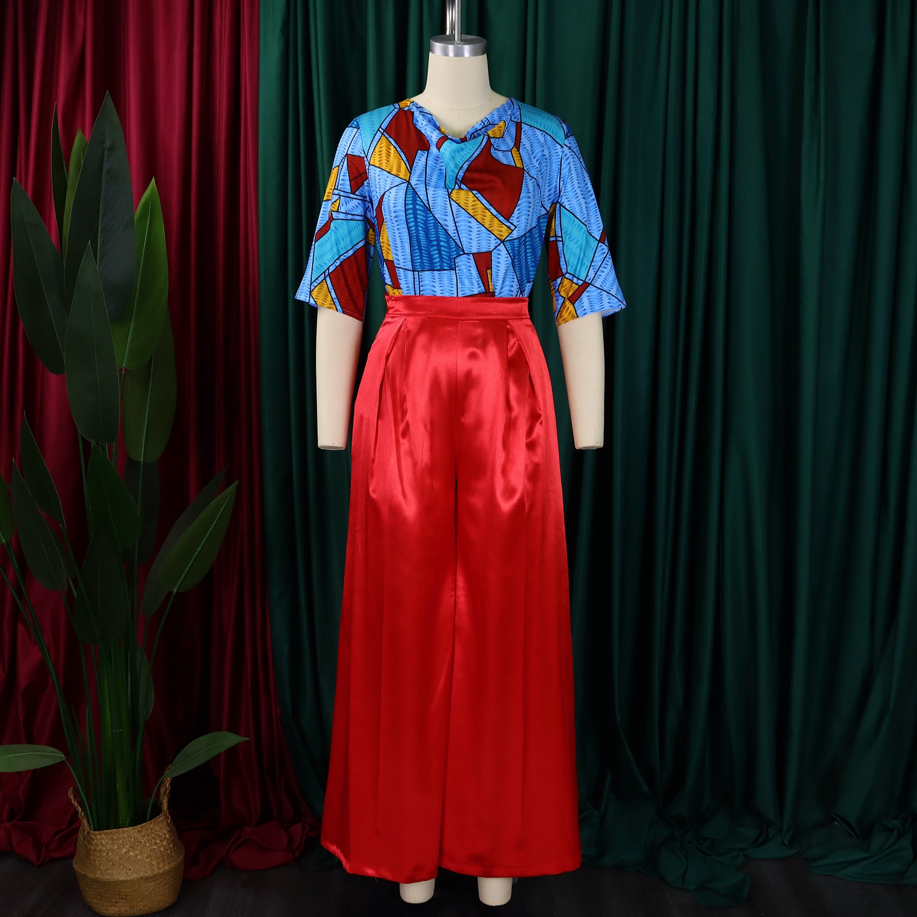 Women's Printed Short Sleeve Shirt Casual Loose Wide Leg Pants African Two-Piece Suit 9