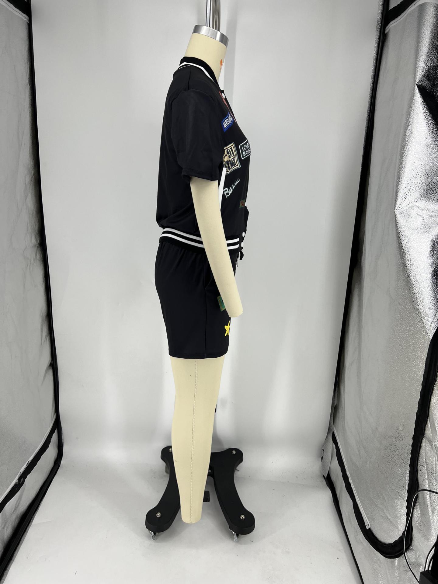 Badge Print Two-Piece Button Baseball Jersey Shorts Set Women 7