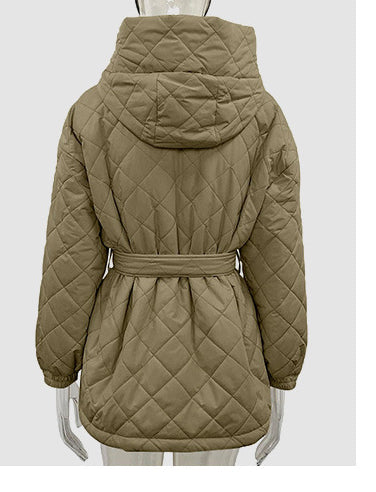 Women's Winter Clothes Slim Fit Lace-Up Turndown Collar Long Sleeve Long Style Hooded Cotton-Padded Jacket 15