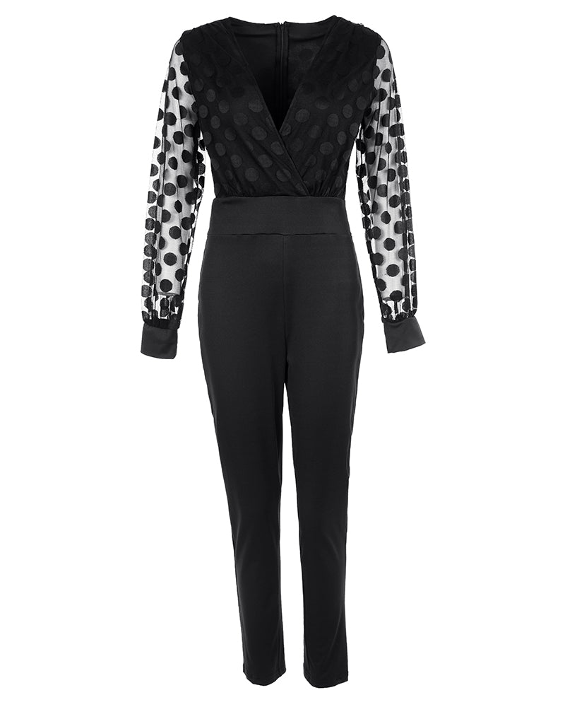 Career Women's Black Mesh Polka Dot Long Sleeve Jumpsuit