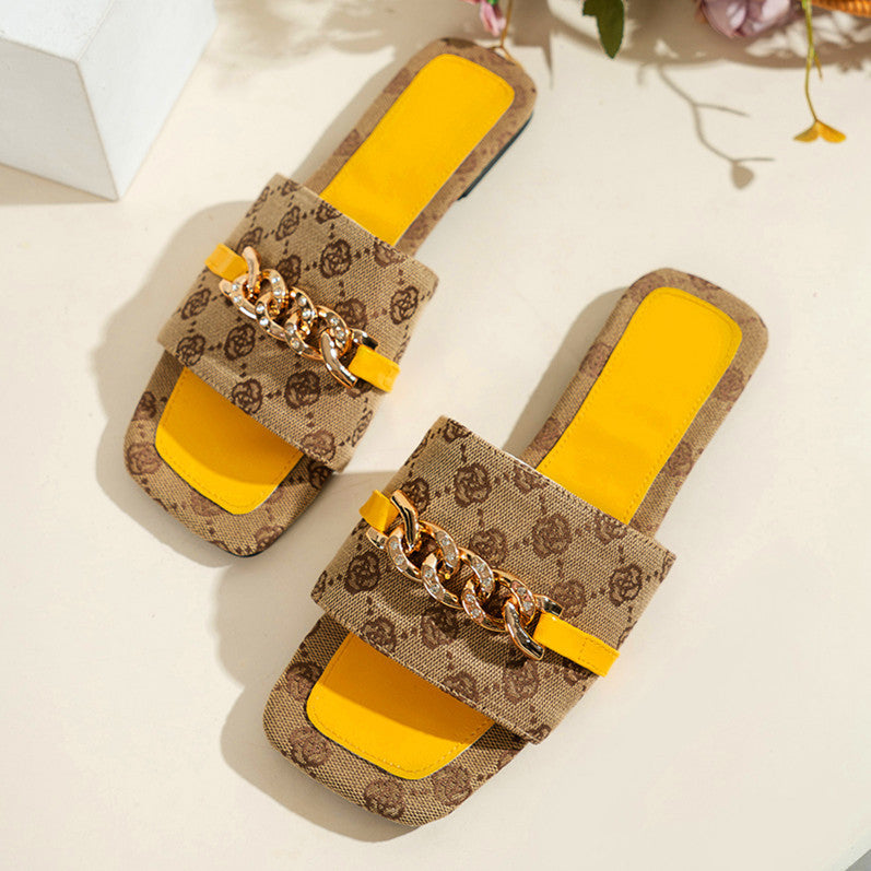 Summer Women Square Toe Rhinestone Chain Fashion Outdoor Wear Slippers Beach Sandals 13