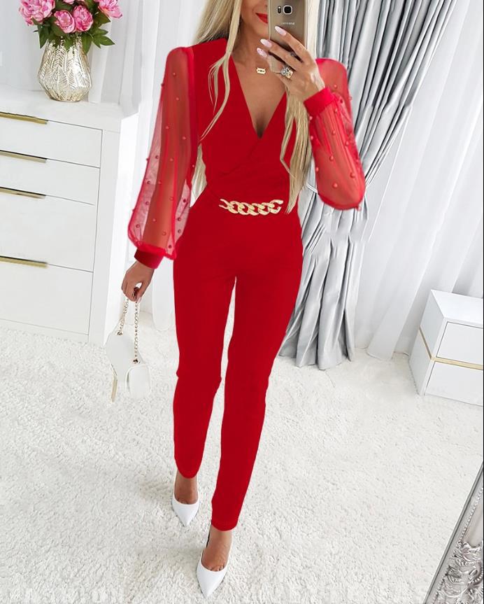 Spring Puff Mesh Patchwork V-Neck Women's Jumpsuit 10