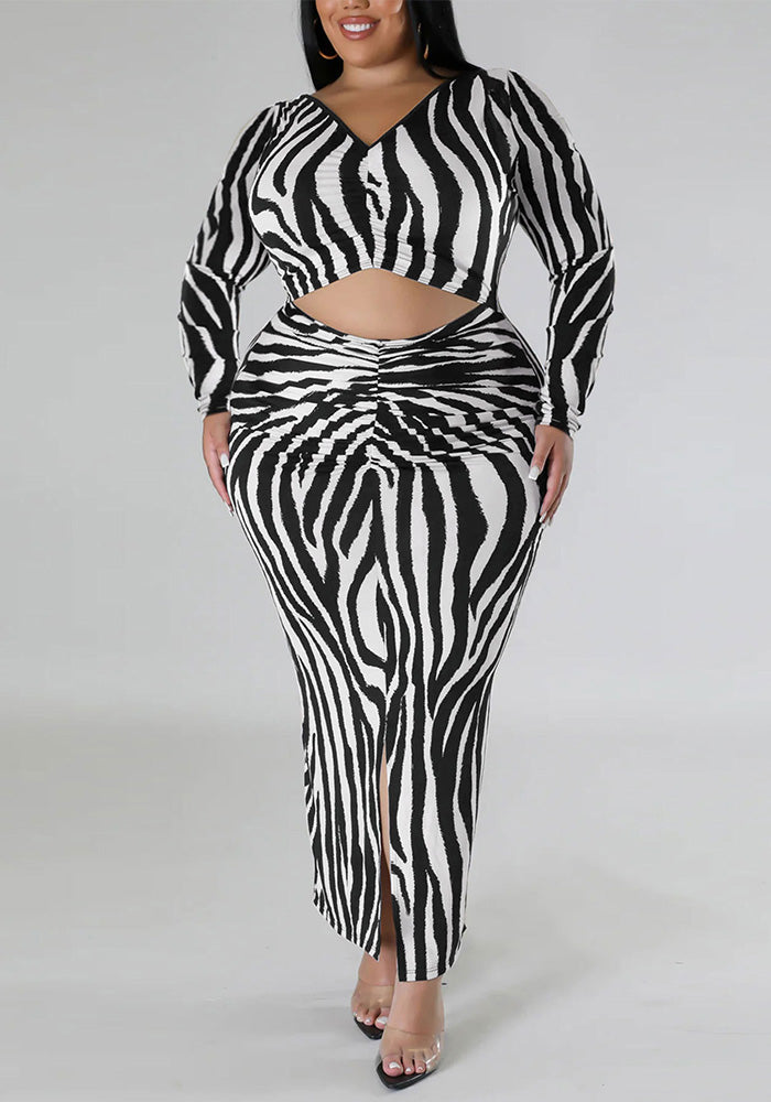 Plus Size Women's Sexy Zebra Print Slim Split Slim Fit Fashion Long Dress