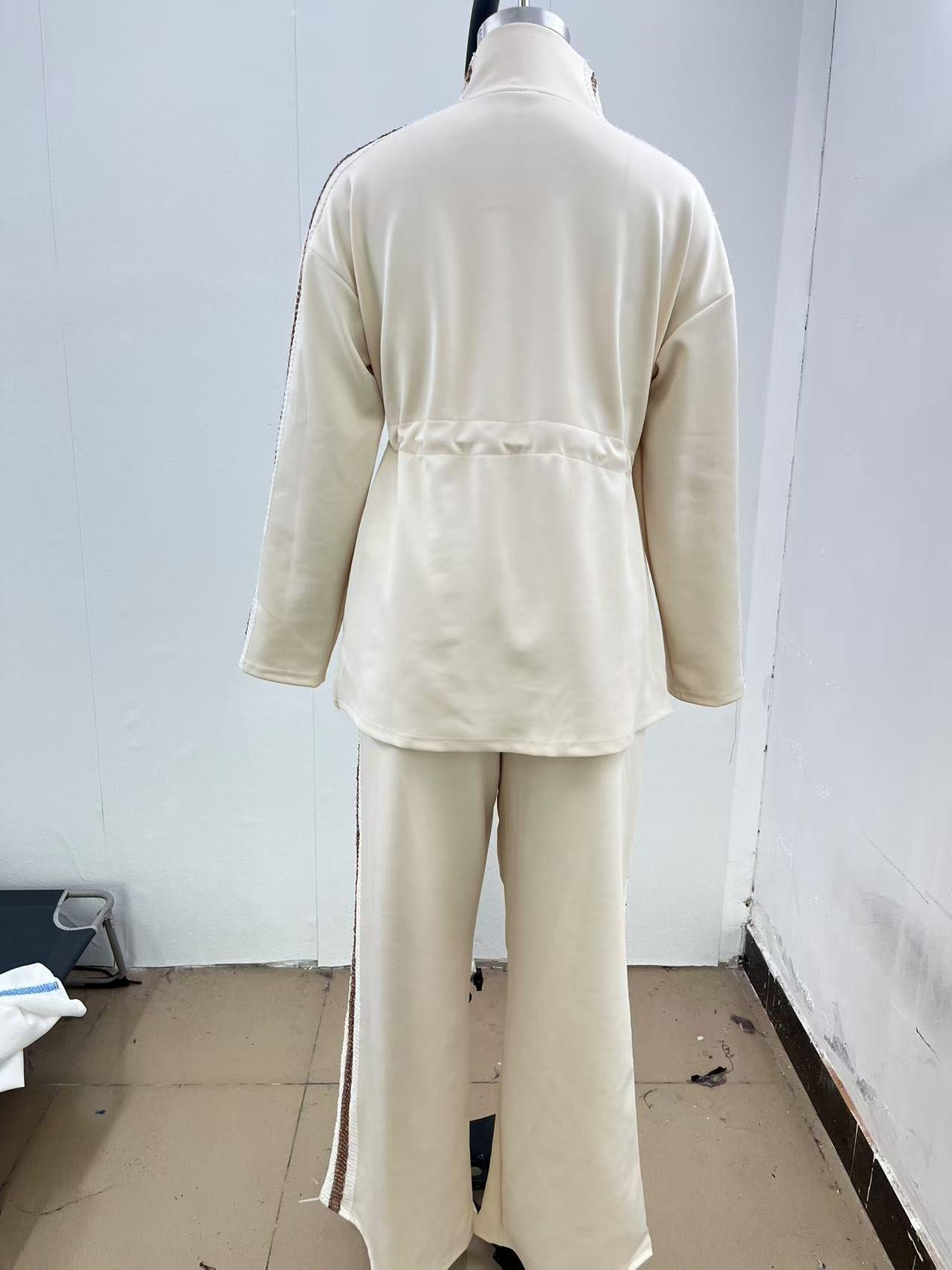 Autumn Fashion Drawstring Slim Waist Top Wide Leg Trousers Two-Piece Set 7