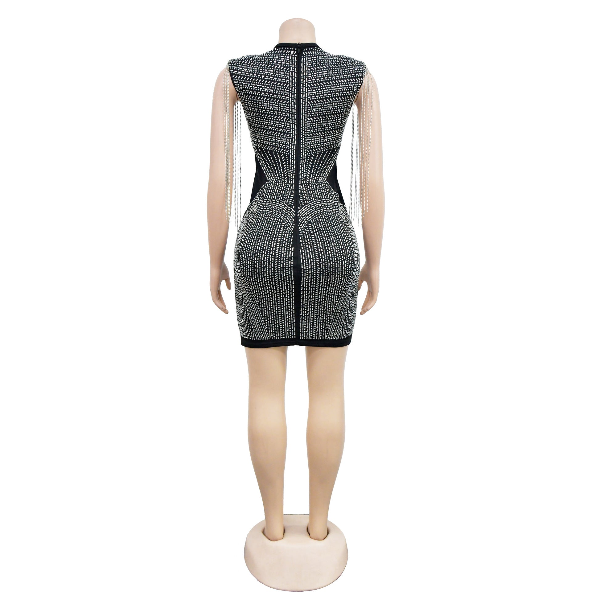 Women's Fashion Solid Color Mesh Beaded Sleeveless Club Dress 14