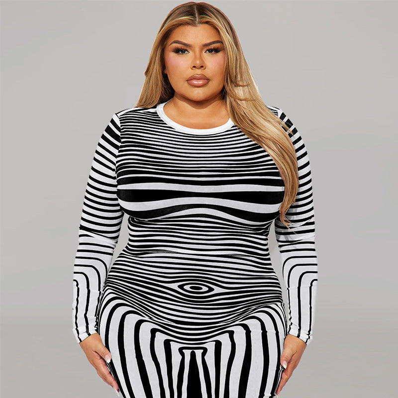 Plus Size Women's Irregular Striped Long Sleeve Dress 4