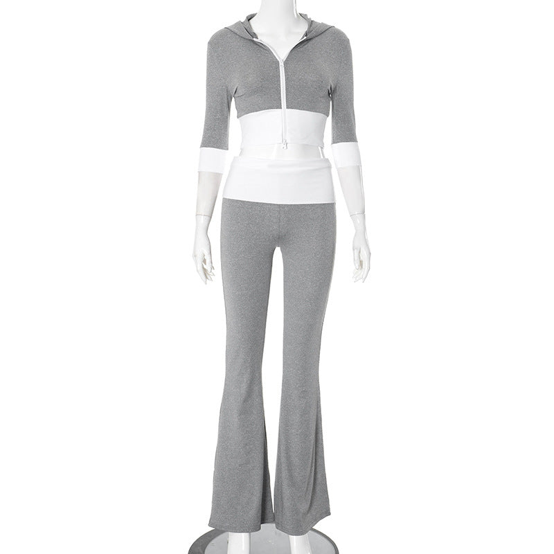 Women contrast color Patchwork hooded Top and Bell-Bottom Pants two-piece set 9