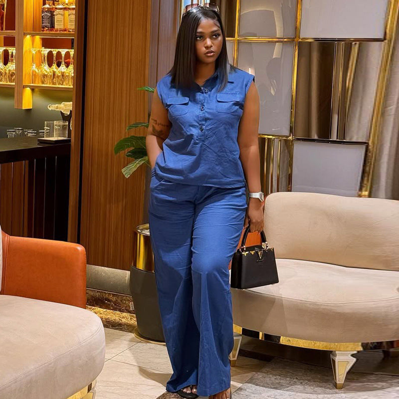 Plus size Women sleeveless vest wide leg pants Two Piece Set 6