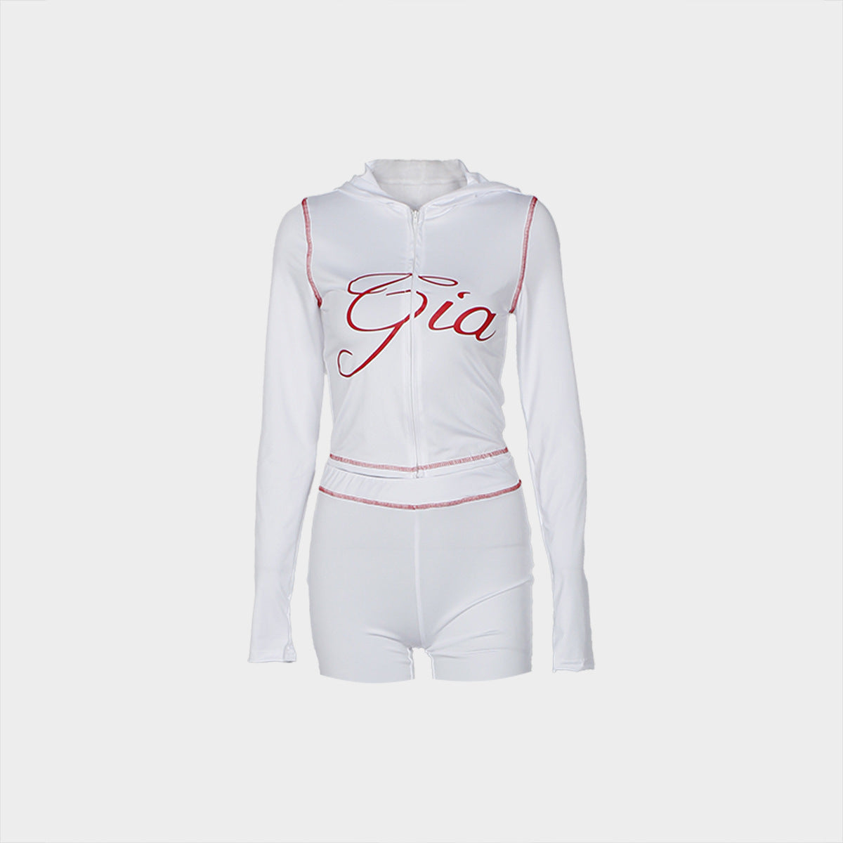 Fashion retro print slim elastic hooded sports style long sleeve top shorts women Two Piece Set 16