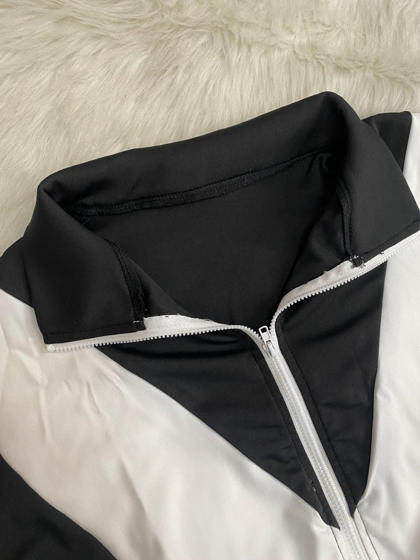 Women Zippered Turndown Collar Patchwork Zipper Top and Two-Piece Pants 10