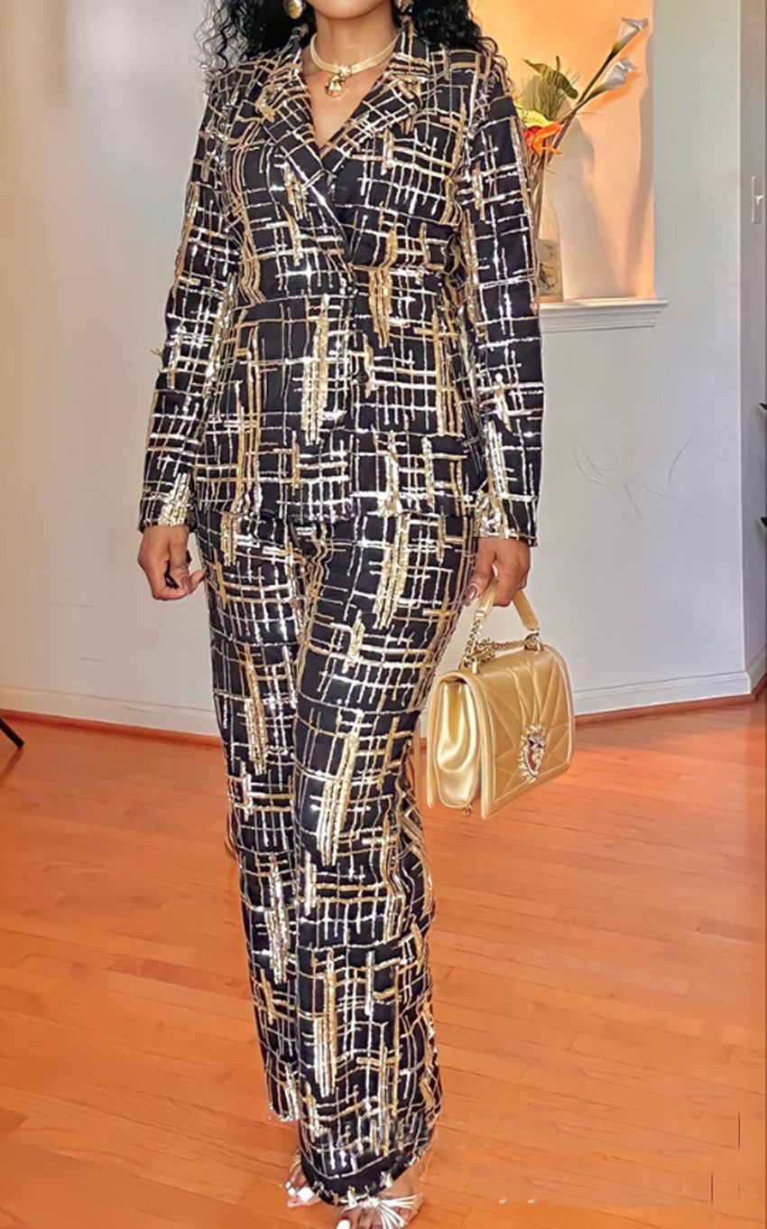 African Women's Autumn And Winter Sequin Embroidered Fashion Casual Long Sleeve Two Piece Suit 3