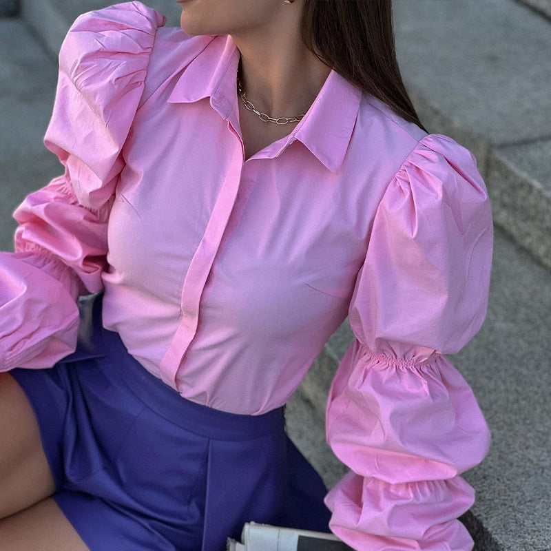 Autumn Women's Fashion Chic Loose Long Sleeve Turndown Collar Solid Color Linen Shirt 9