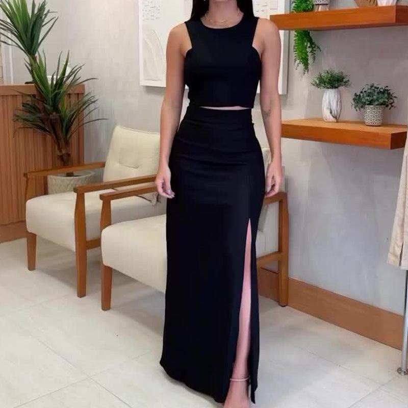 Summer Solid Color Round Neck Sleeveless Top High Waist Slit Skirt Set