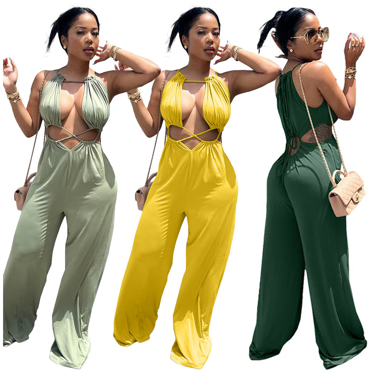 Sexy Irregular Lace-Up Wrap Chest Loose Wide Leg Jumpsuit