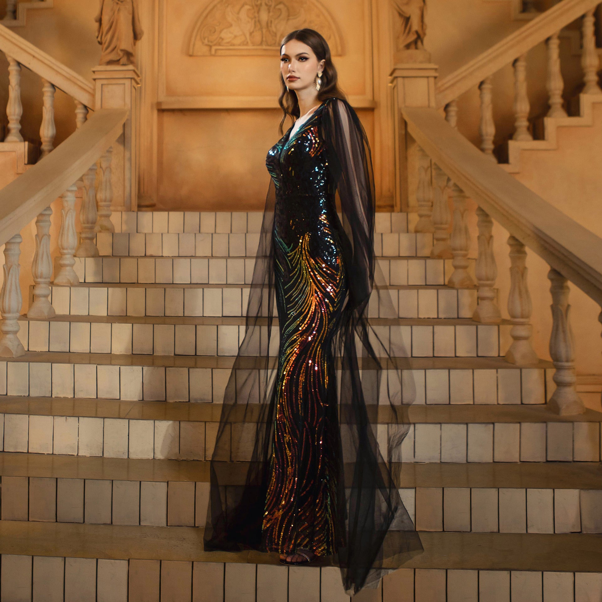 Women's Luxury V-Neck Long Sleeve Slim Waist Sequin Mesh Formal Party Evening Dress 5