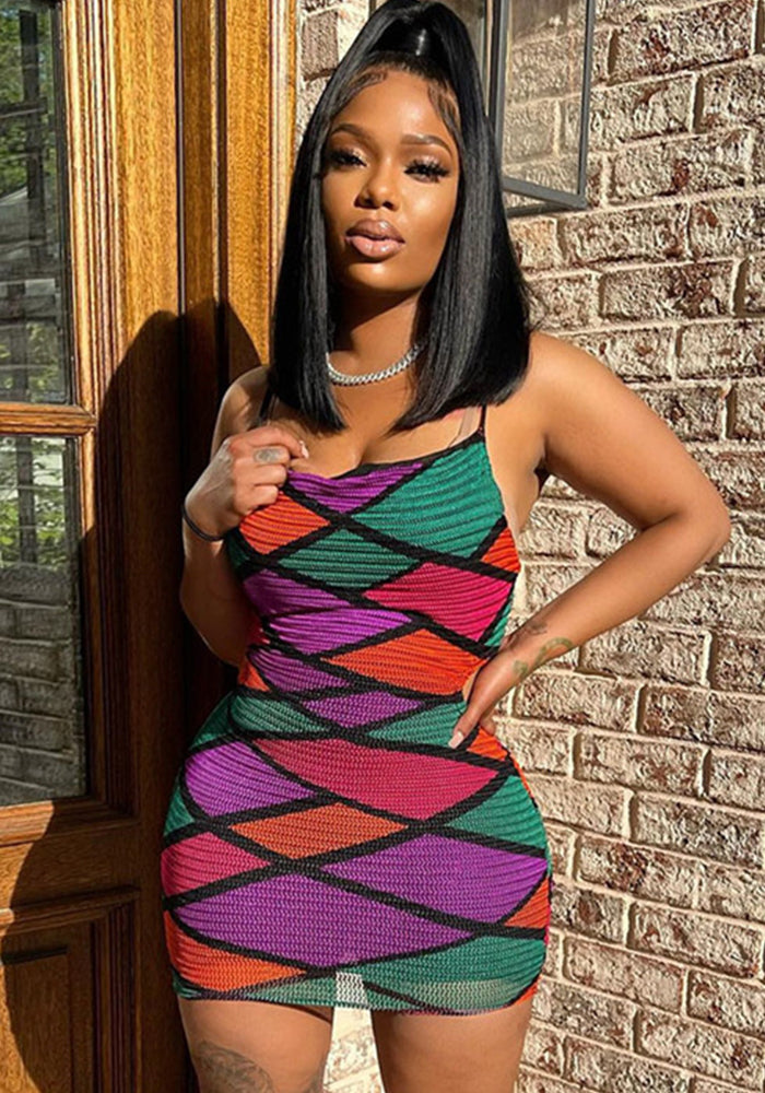 Spring Summer Sleeveless Diamond Multi-Color Straps Low Back Slim Dress