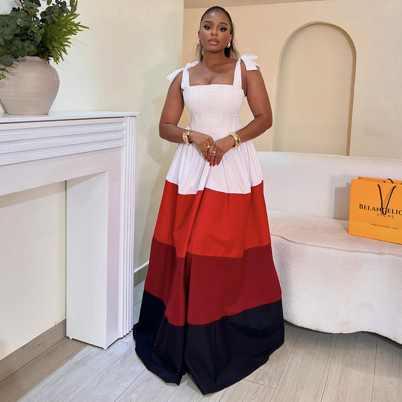 Women Spring Bow Suspender Color Block Dress 4