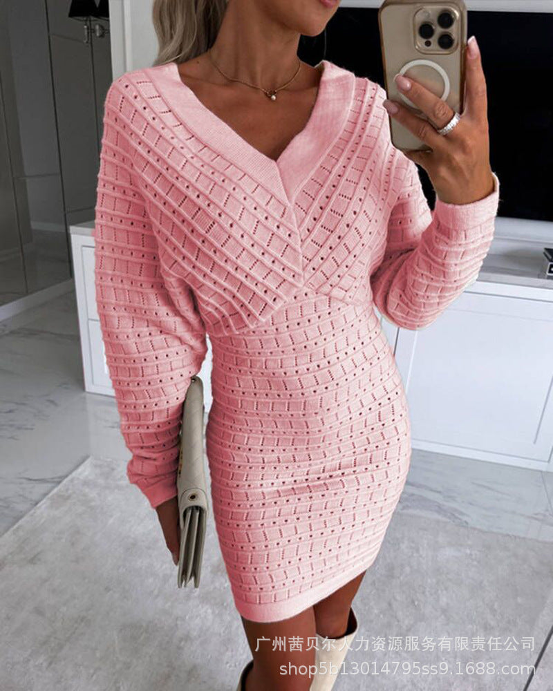Women V Neck Long Sleeve Kintting Dress 8