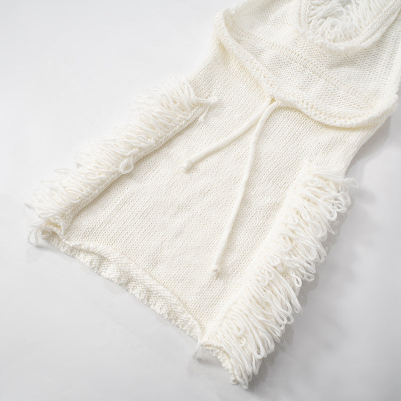 Women's Autumn Winter Tassel Deep V-Neck Halter Neck Lace-Up Low Back Bodycon Knitting Dress 8