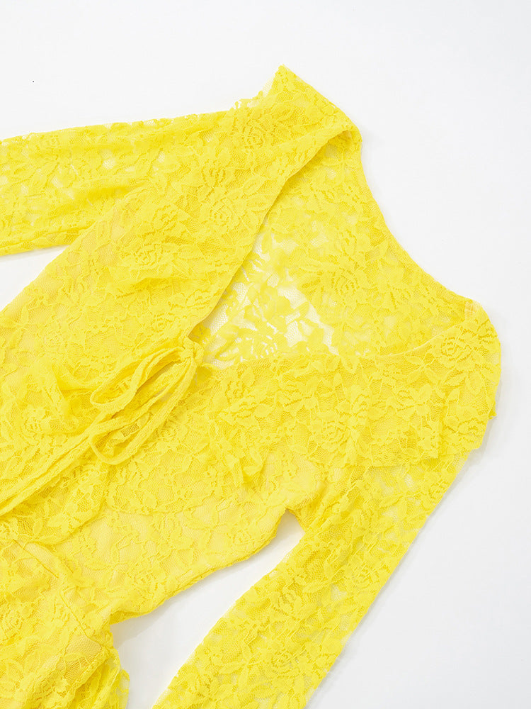 Women Lace Lotus Leaf Ribbon Long Sleeve Dress 10