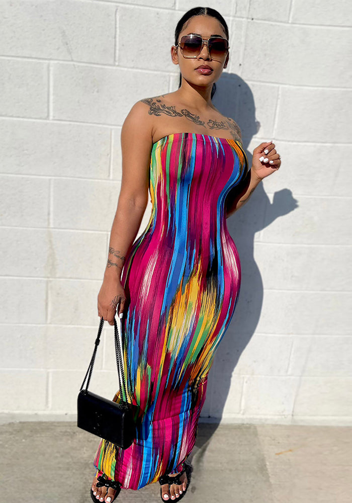 Women Summer Sexy Off Shoulder Strapless Striped Printed Slit Dress