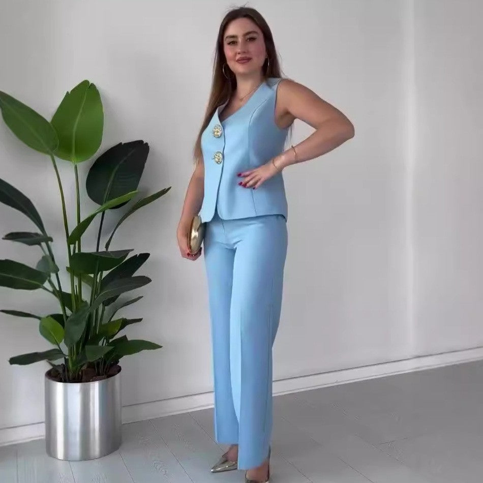 Women Solid V-Neck Sleeveless Vest and wide-leg pants two-piece set 12