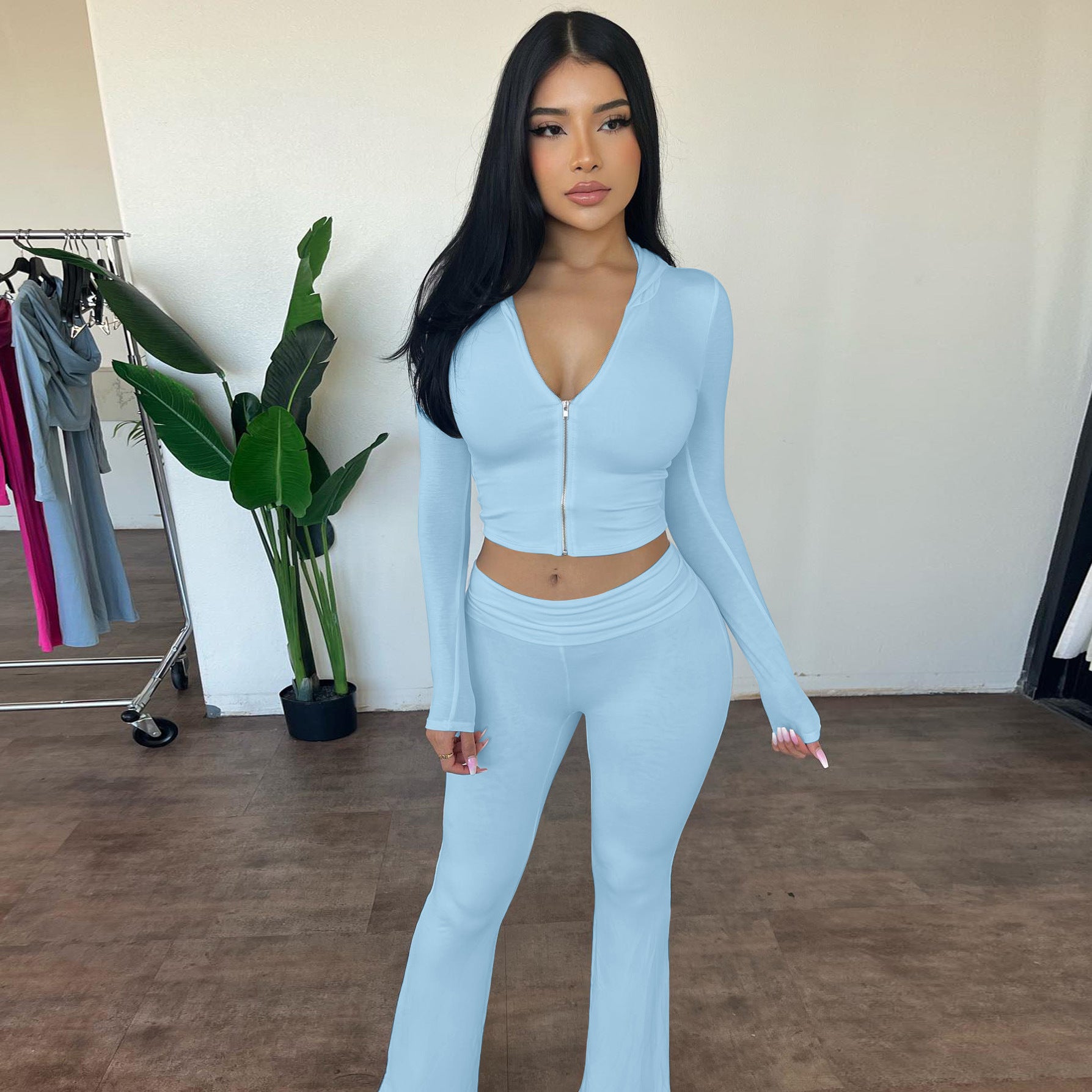 Women's autumn and winter zipper long sleeve hooded top Bell Bottom pants fashion Casual two piece set 10