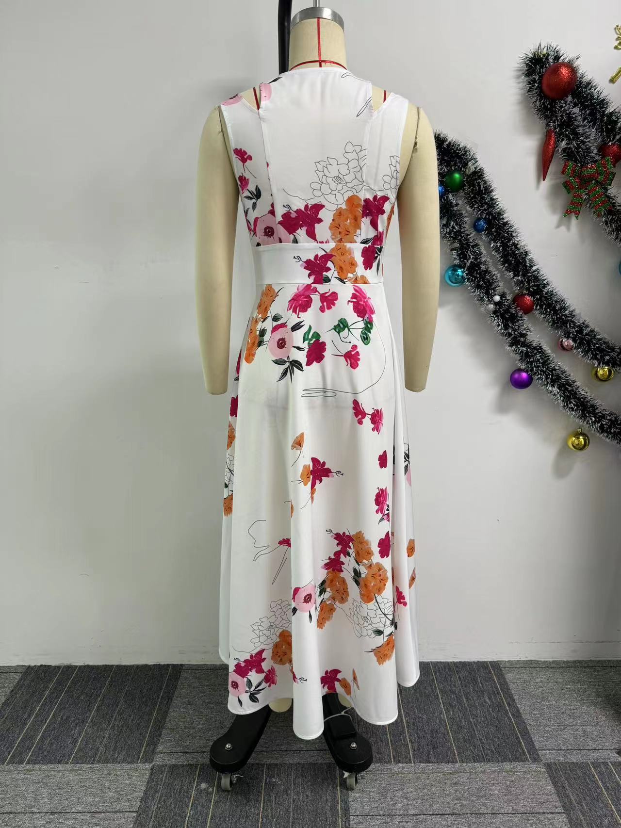 Summer Women Sexy Print V-neck Sleeveless Slit Dress 7