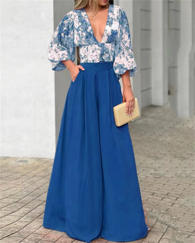 Autumn V-Neck Women'S Puff Sleeve Print Top Wide Leg Pants Fashion Two Piece Set 4