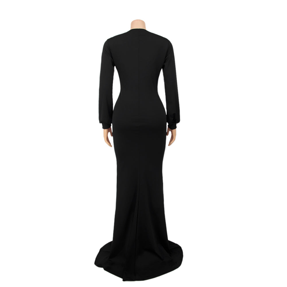 Spring Long Sleeve Deep-V Front Slit Mermaid Black Evening Dress 5