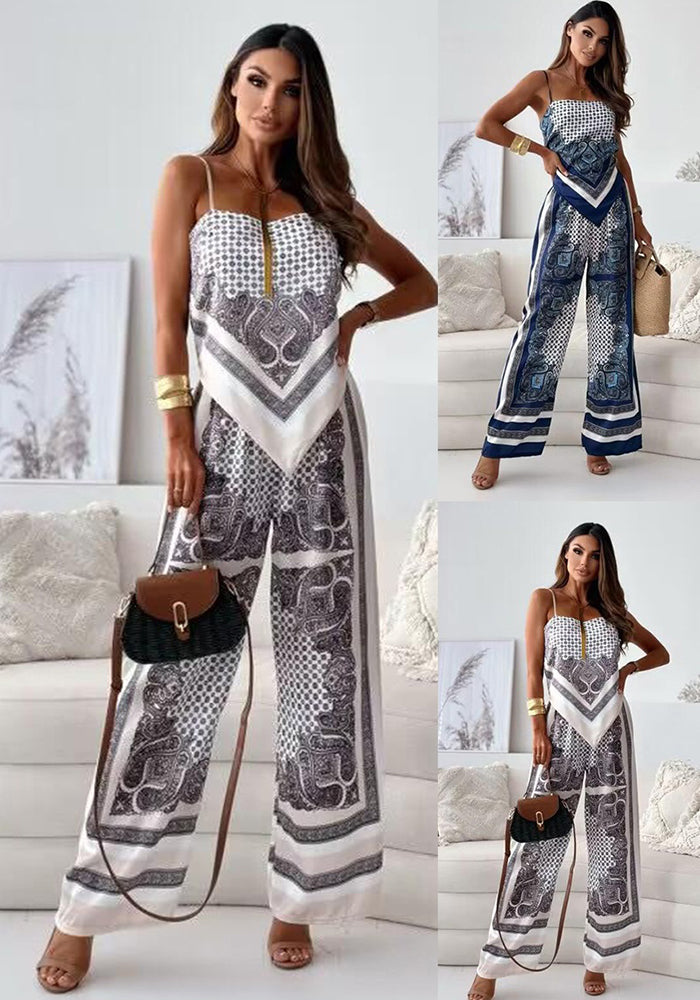 Fashionable Printed Strap Vest Wide Leg Pants Two Piece Set Women's Clothing