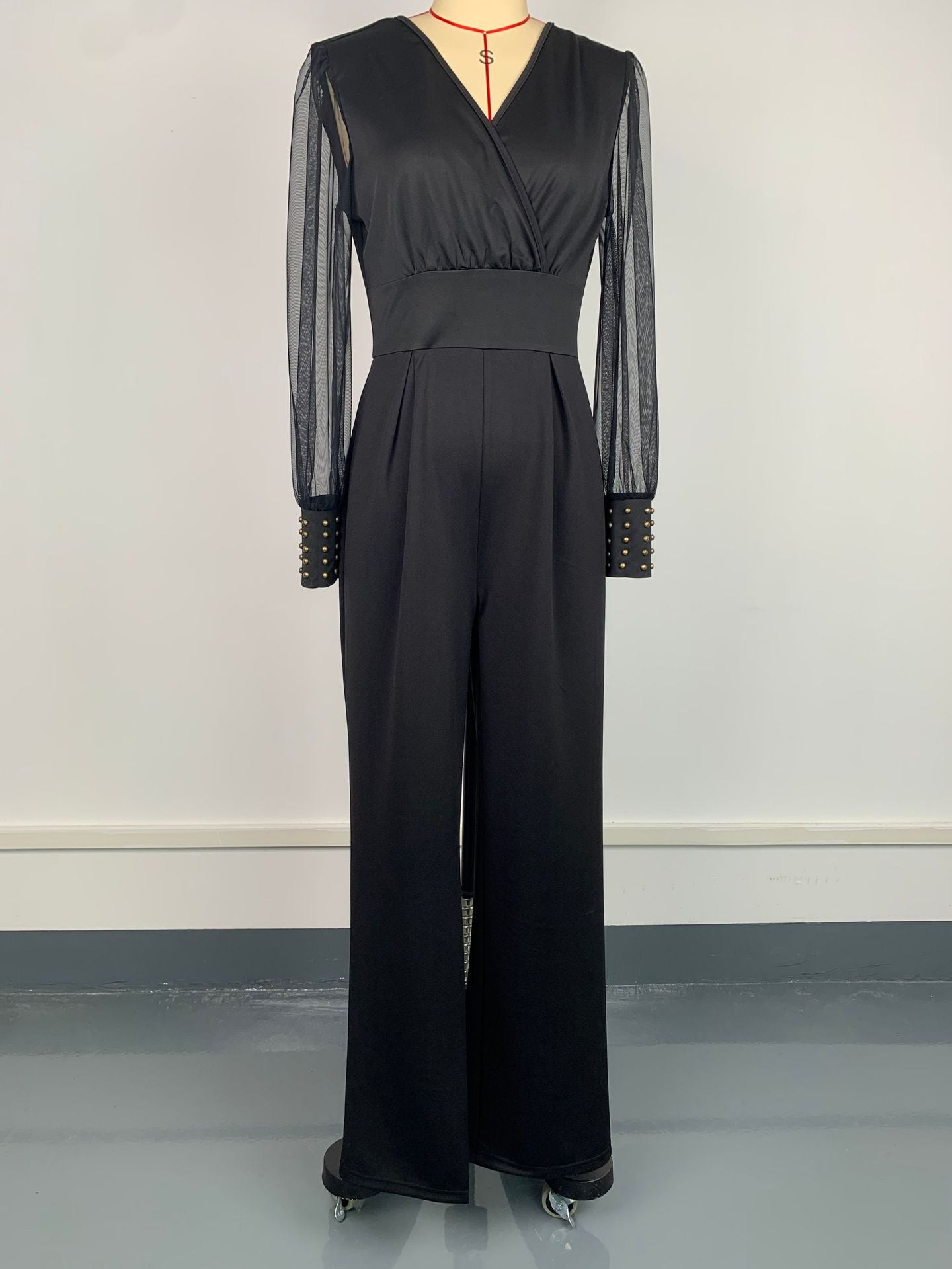 Fashionable Women's V-Neck Mesh Patchwork Rivet Long Sleeve Loose Jumpsuit 7