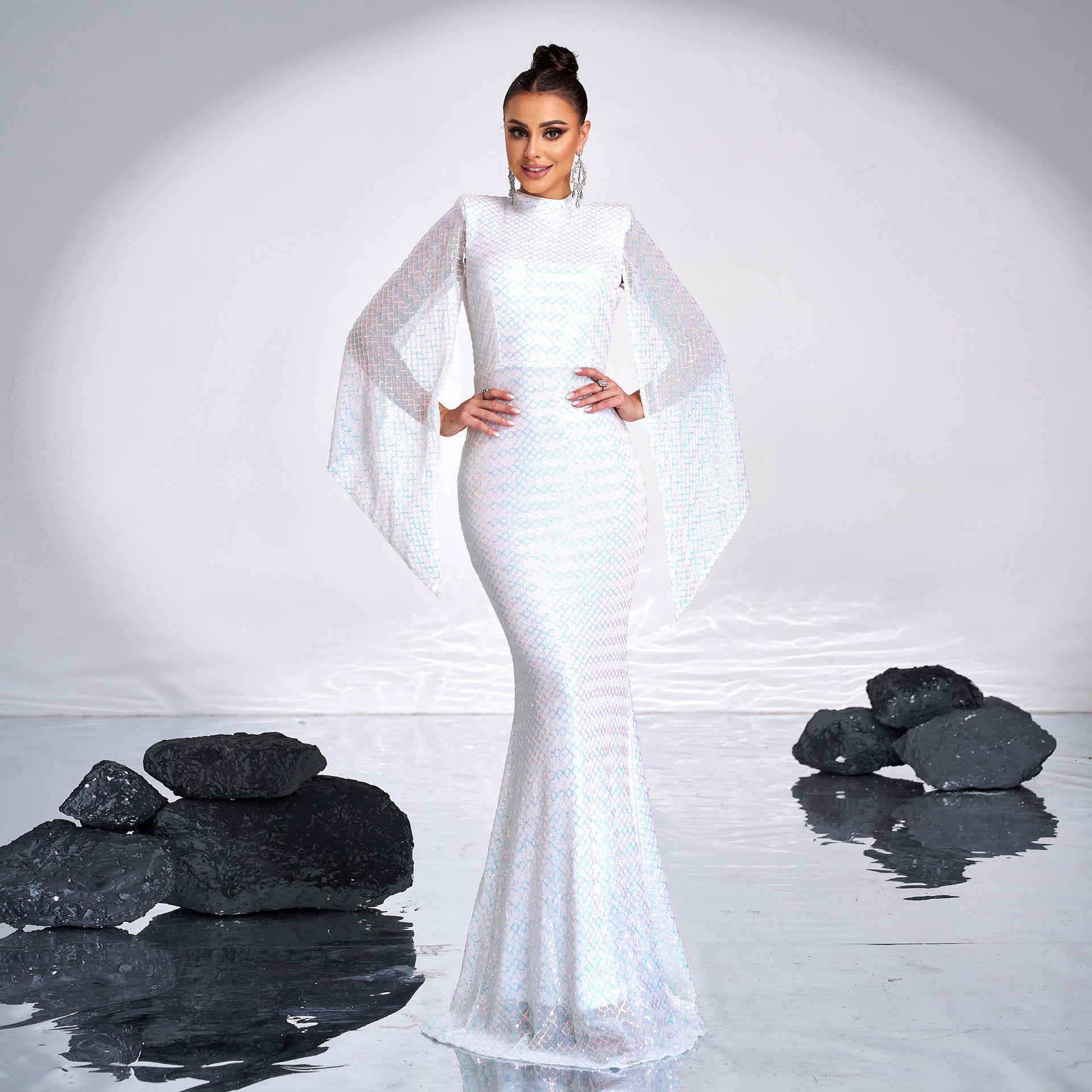 Women Long Sleeve Round Neck Sexy Sequin Formal Party Maxi Evening Dress 9