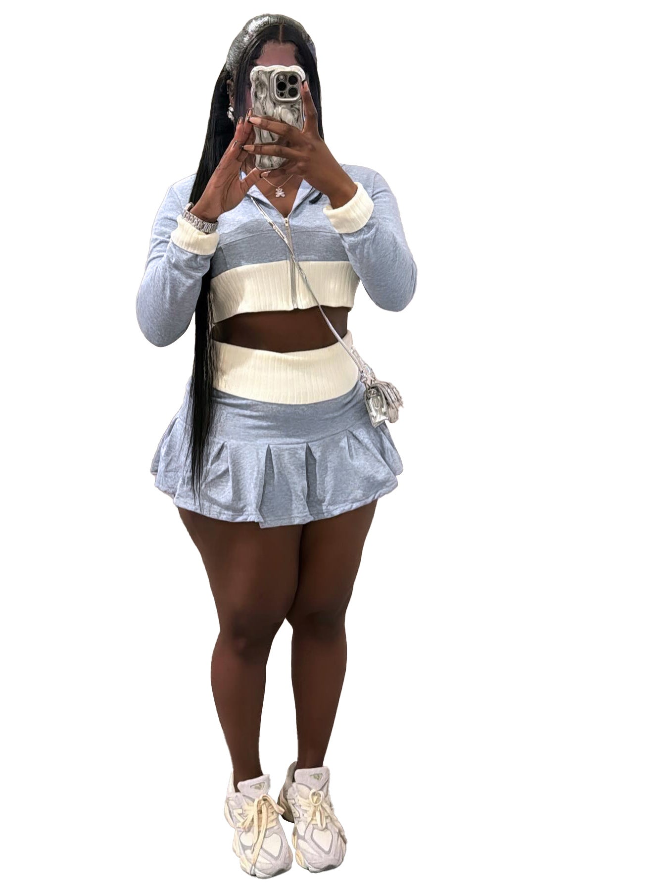 Fashion Women's Clothing Contrast Color Patchwork Long Sleeve Hooded Crop Top Pleated Skirt Two-Piece Set 6