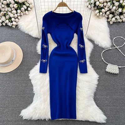 Autumn And Winter Sexy Long Sleeve Round Neck Hollow Slim Waist Slim Fit Knitting Bodycon Basic Dress 8