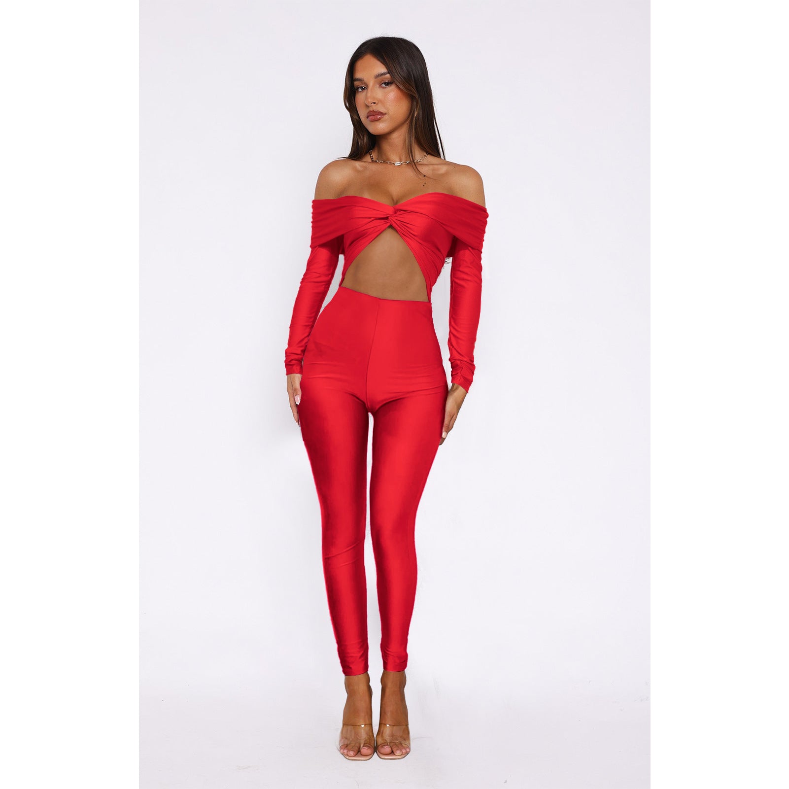 Women's off shoulder Knot Hollow Sexy High Waist Long Sleeve Jumpsuit 9