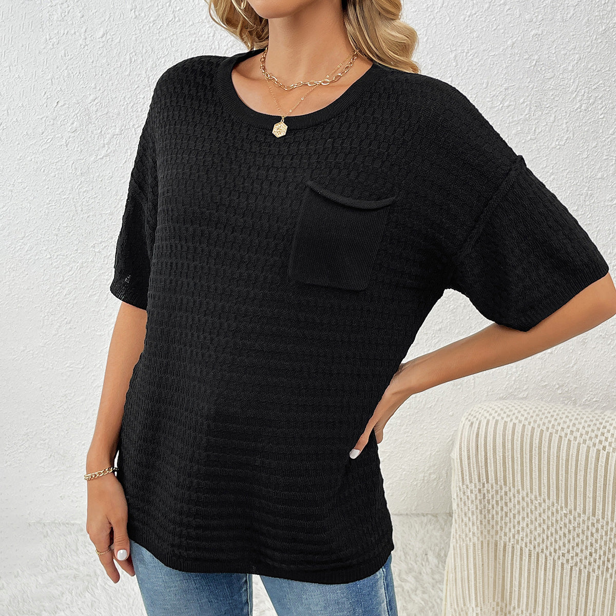 Women Spring and Summer Pocket Short Sleeve Solid knitting Blouse 7