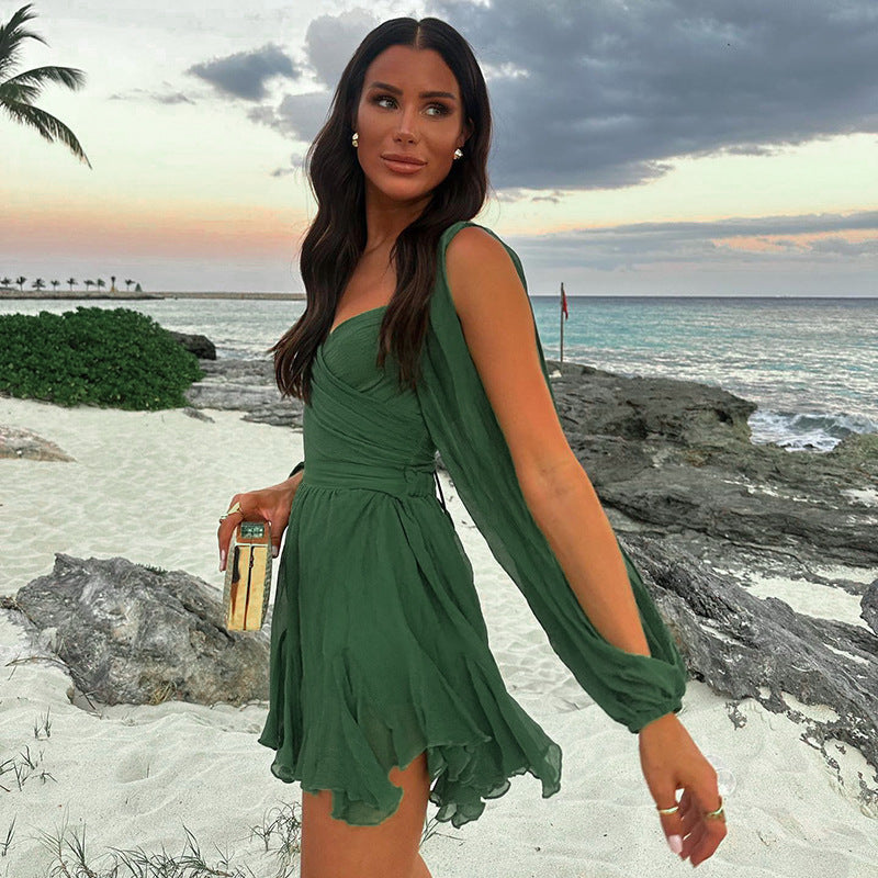 Women Summer Solid Casual Mesh Long Sleeve Lace-Up Backless Mini Dress 6