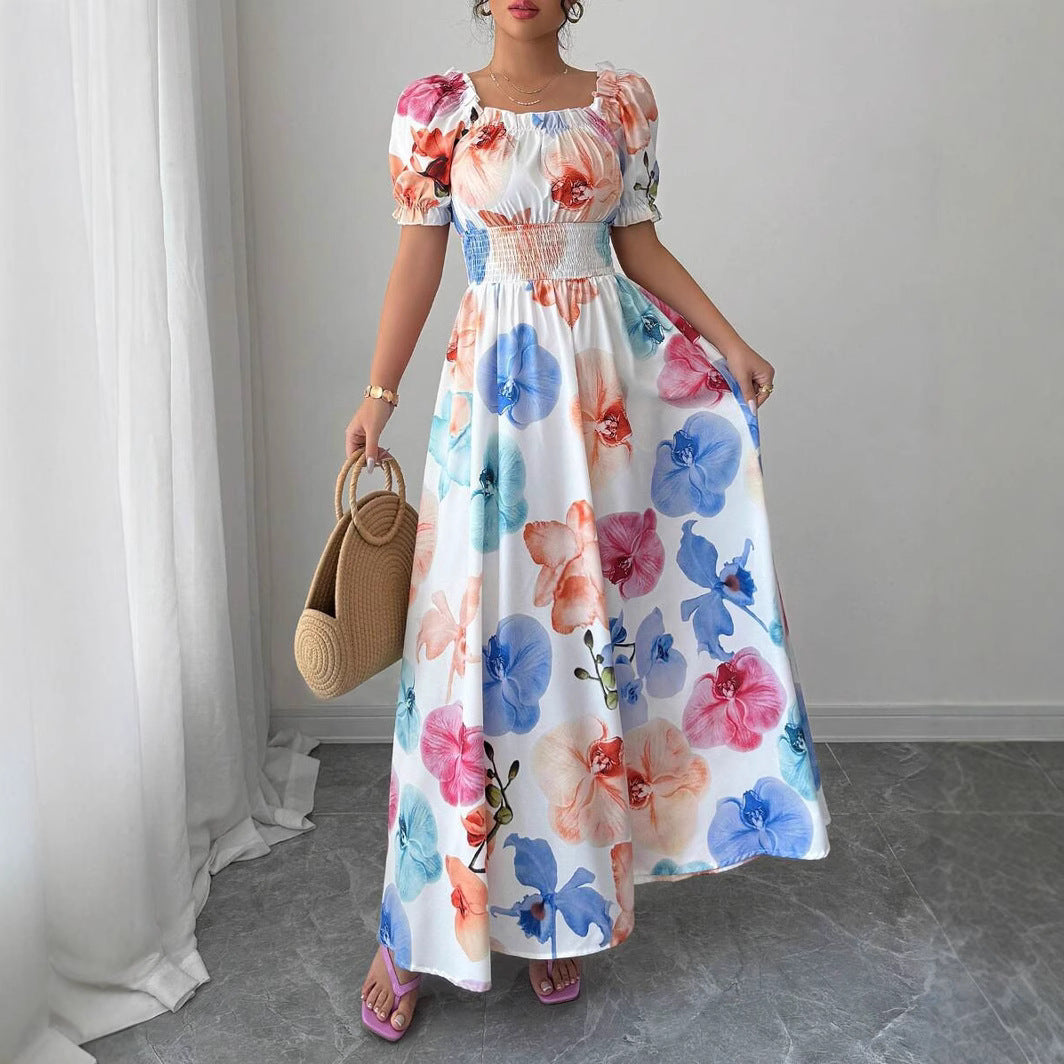 Women Summer Puff-Sleeve Printed Strap Dress 8