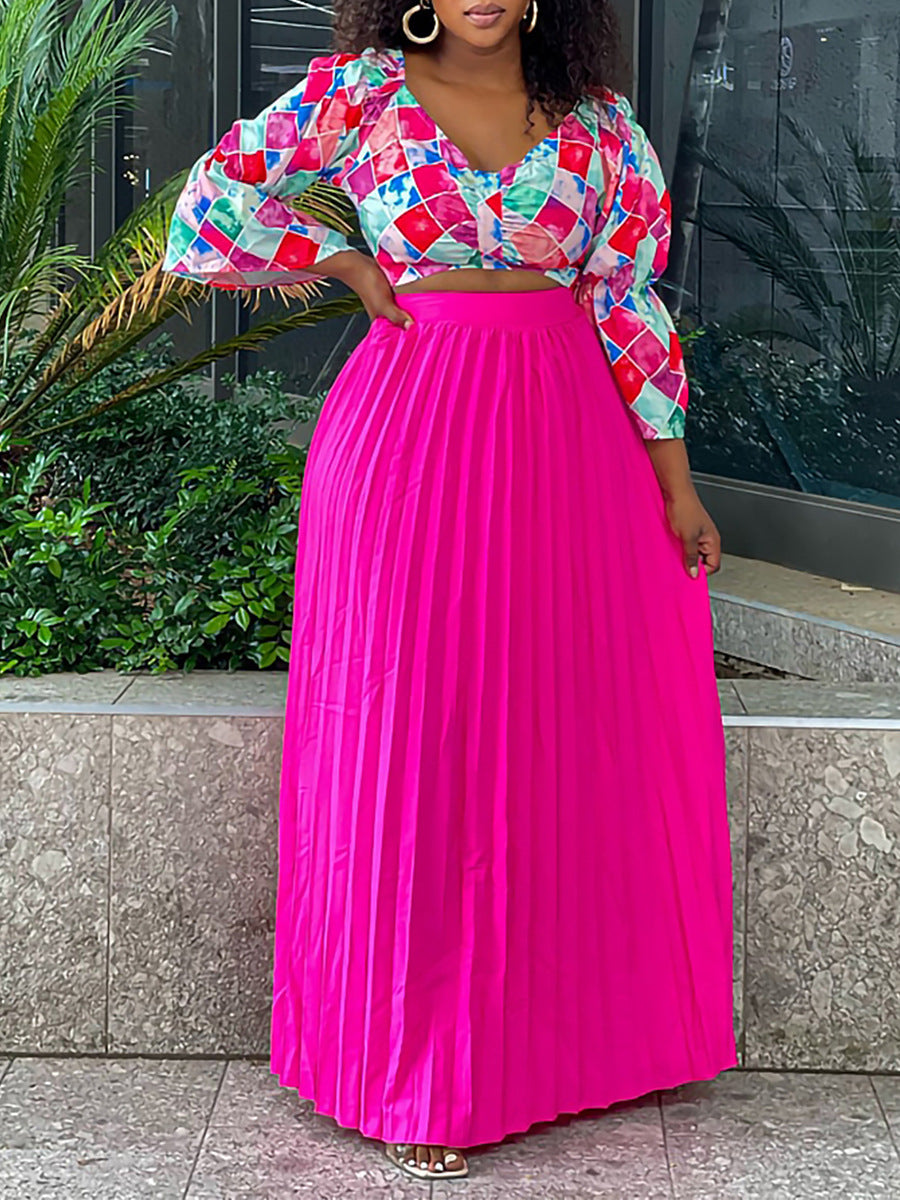 Women's Fashionable V Neck Printed Top Pleated Long Skirt African Two Piece Set 5