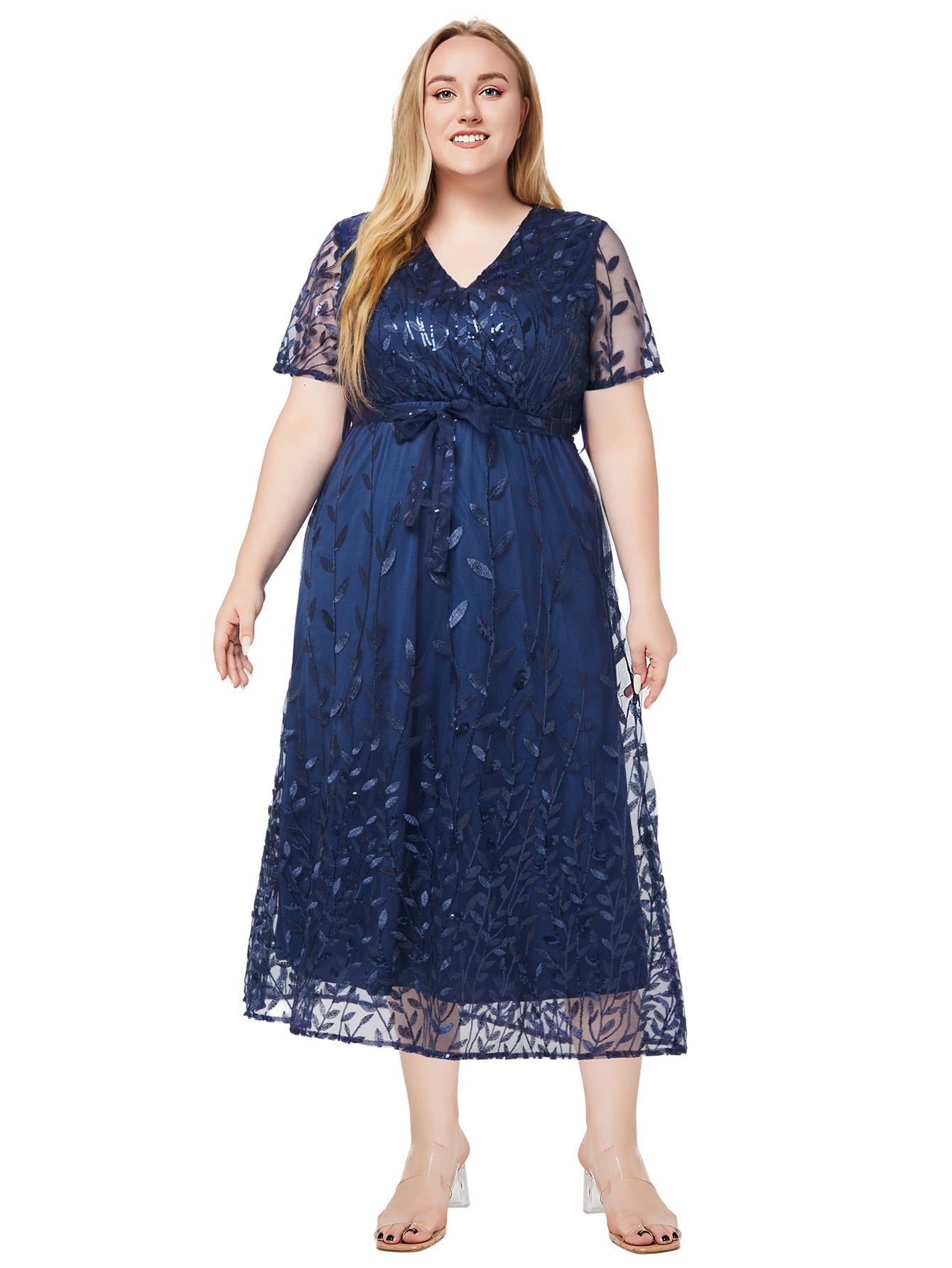 Plus Size Women Spring and Summer V Neck Short Sleeve Sequin Dress
