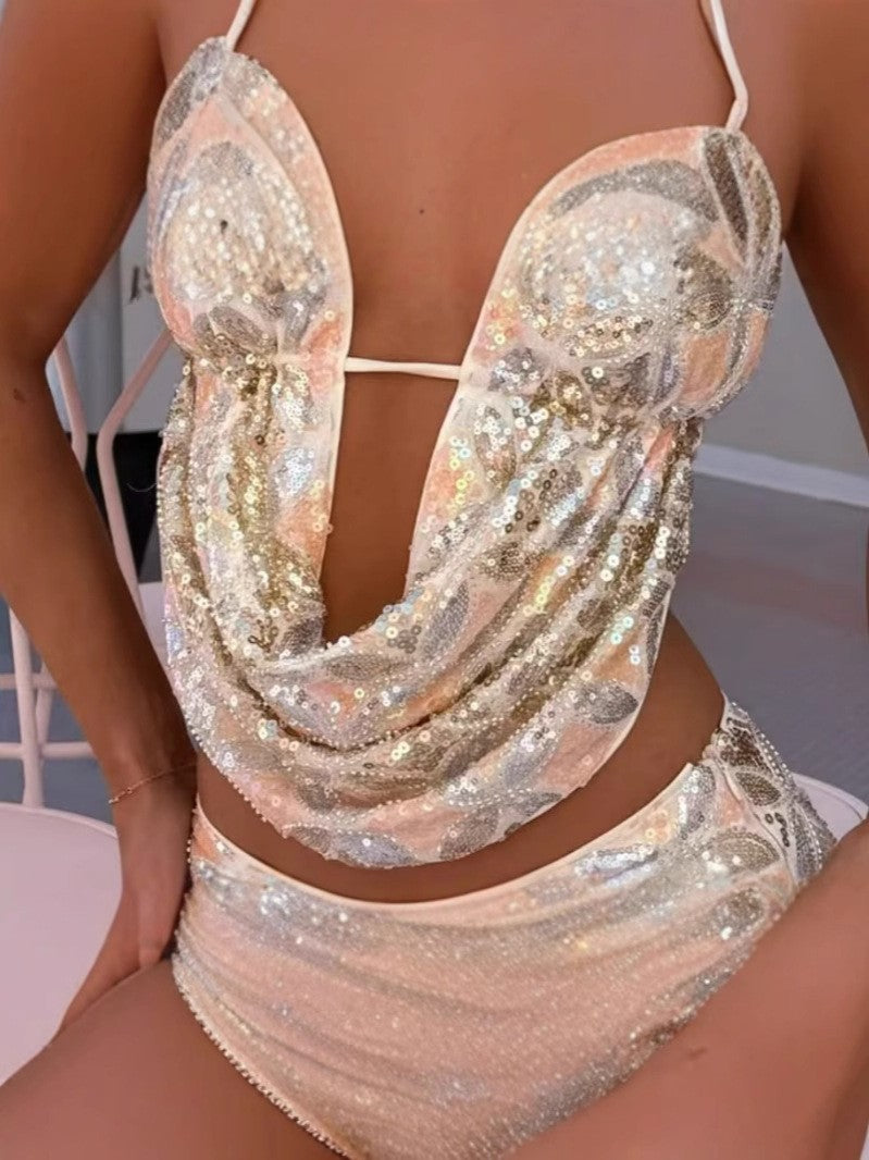 Women Sequined Strapless Halter Neck Top and Skirt Two-Piece Set 4