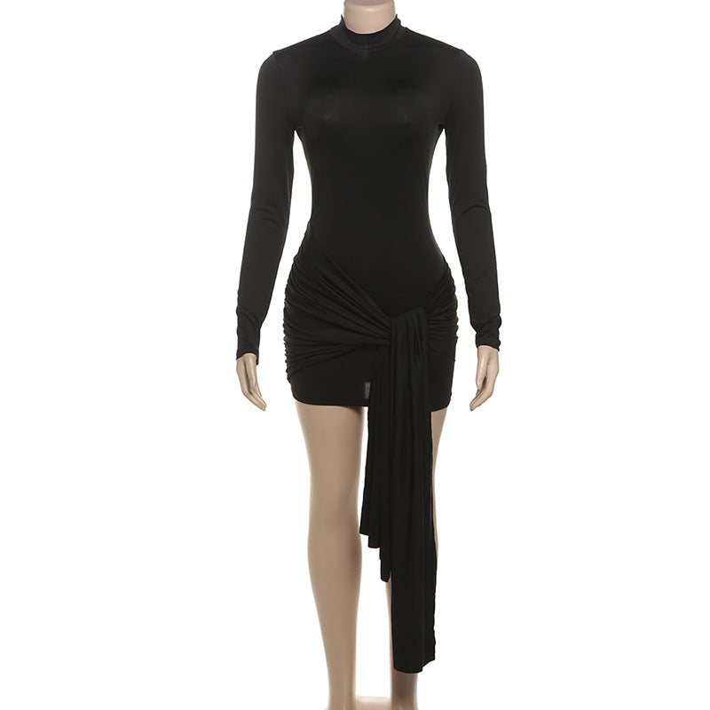 Autumn Fashion Elegant Chic Round Neck Long Sleeve Pleated Patchwork High Waist Bodycon Dress 11