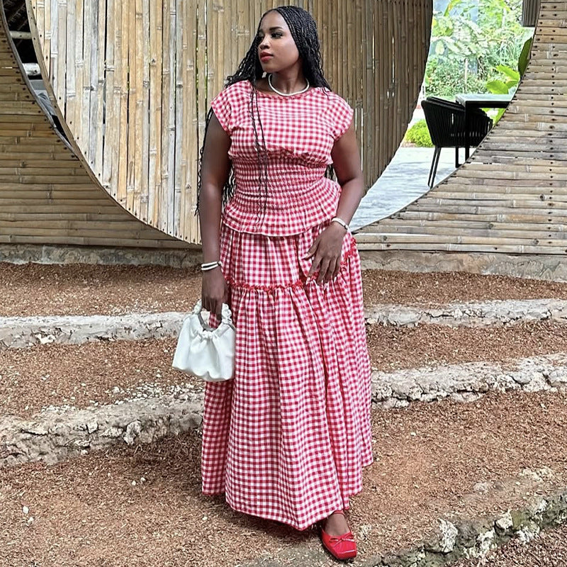 Women Summer Plaid Top and Skirt Two-Piece Set 6