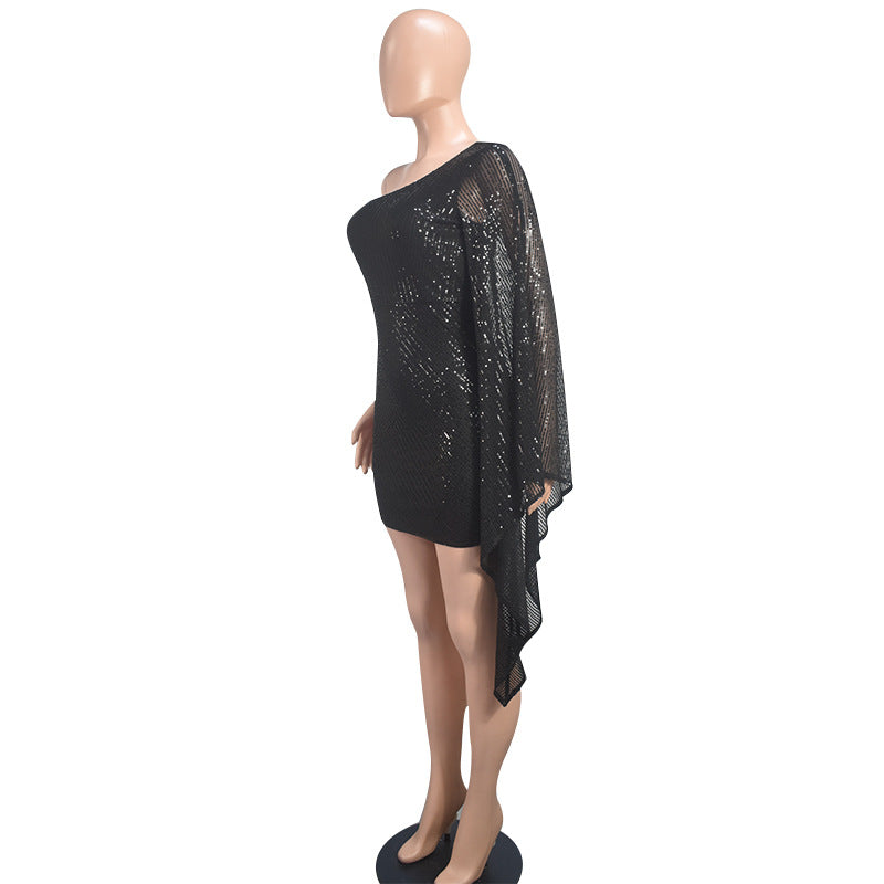 Women Sequin Solid Slash Shoulder Party Dress 5