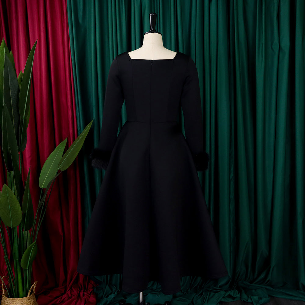 Winter Chic Elegant Fur Decorated Long Sleeve A-Line African Party Dress 41
