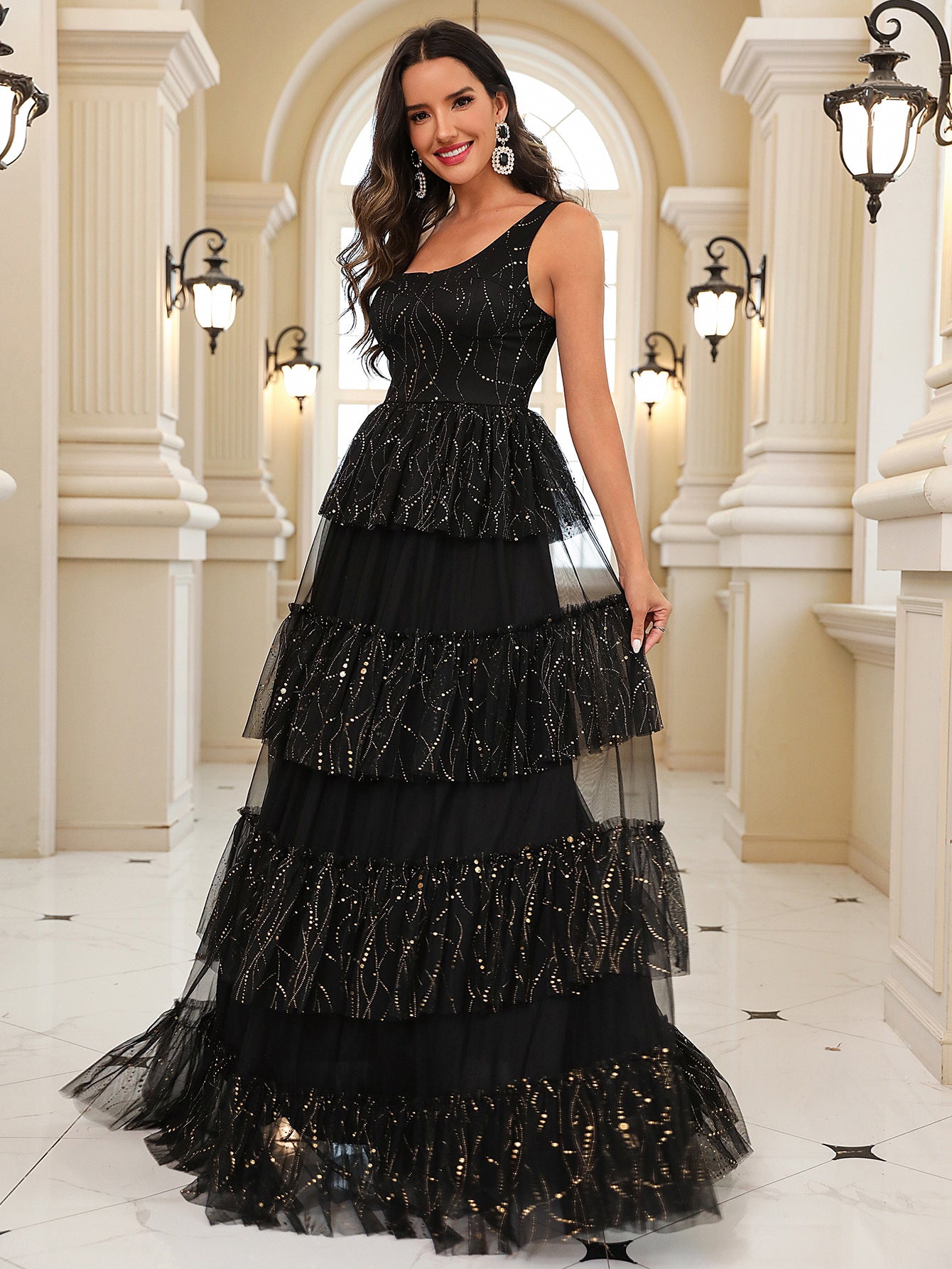 Summer Women's Slash Shoulder Cascading Ruffles Mesh  Elegant Chic Long Evening Dress